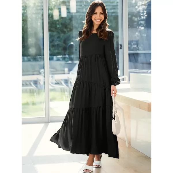 imageANRABESS Womens Boho Casual Loose Puff Long Sleeve Crewneck Asymmetric Tiered Beach Maxi Long DressBlack