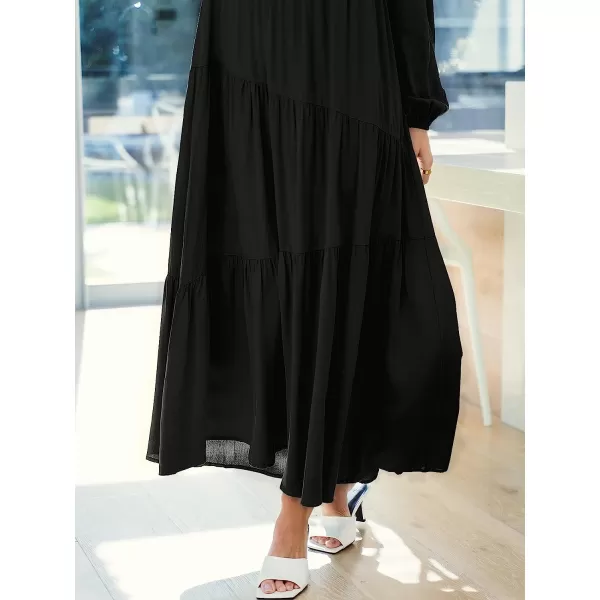 imageANRABESS Womens Boho Casual Loose Puff Long Sleeve Crewneck Asymmetric Tiered Beach Maxi Long DressBlack
