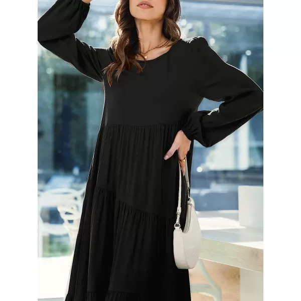 imageANRABESS Womens Boho Casual Loose Puff Long Sleeve Crewneck Asymmetric Tiered Beach Maxi Long DressBlack