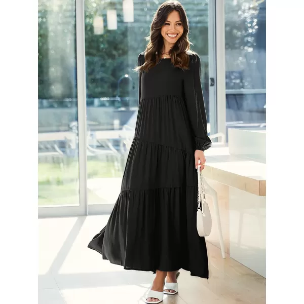 imageANRABESS Womens Boho Casual Loose Puff Long Sleeve Crewneck Asymmetric Tiered Beach Maxi Long DressBlack