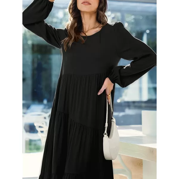 imageANRABESS Womens Boho Casual Loose Puff Long Sleeve Crewneck Asymmetric Tiered Beach Maxi Long DressBlack