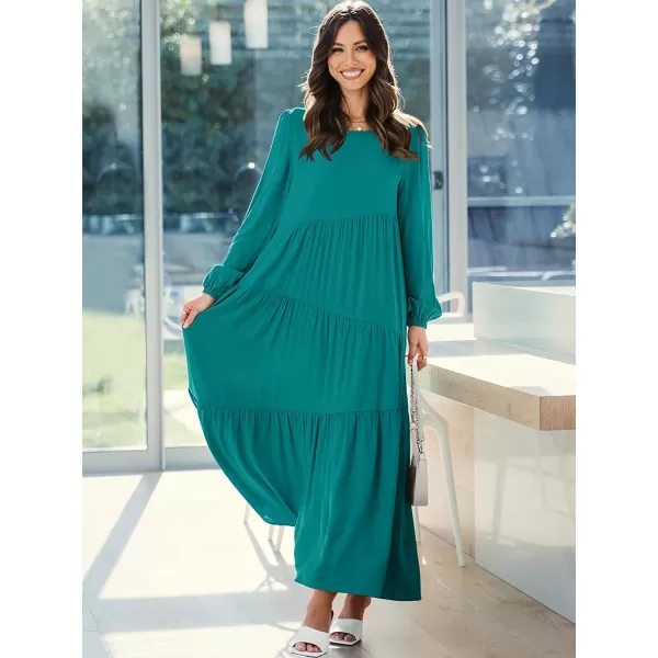 imageANRABESS Womens Boho Casual Loose Puff Long Sleeve Crewneck Asymmetric Tiered Beach Maxi Long DressBlue