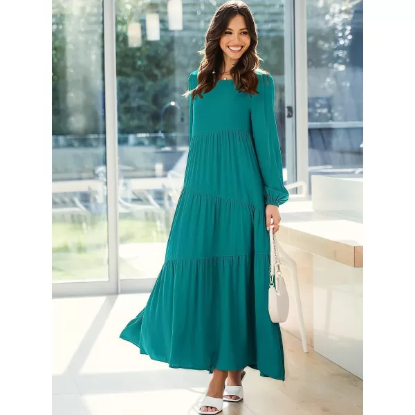 imageANRABESS Womens Boho Casual Loose Puff Long Sleeve Crewneck Asymmetric Tiered Beach Maxi Long DressBlue