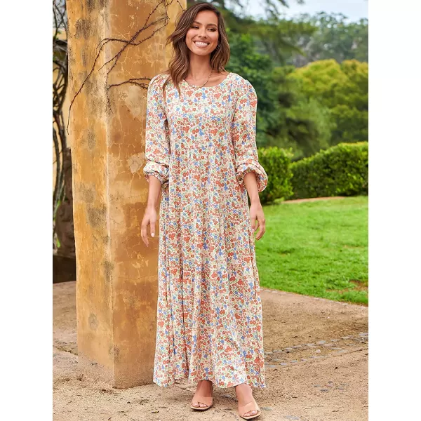 imageANRABESS Womens Boho Casual Loose Puff Long Sleeve Crewneck Asymmetric Tiered Beach Maxi Long DressFloral 01