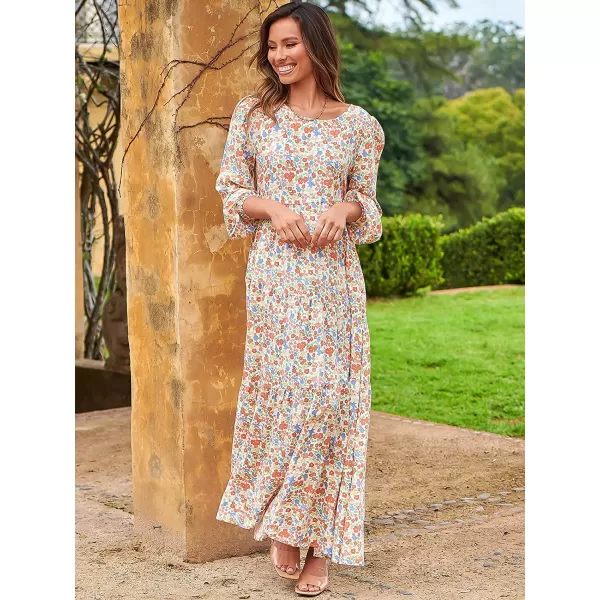 imageANRABESS Womens Boho Casual Loose Puff Long Sleeve Crewneck Asymmetric Tiered Beach Maxi Long DressFloral 01