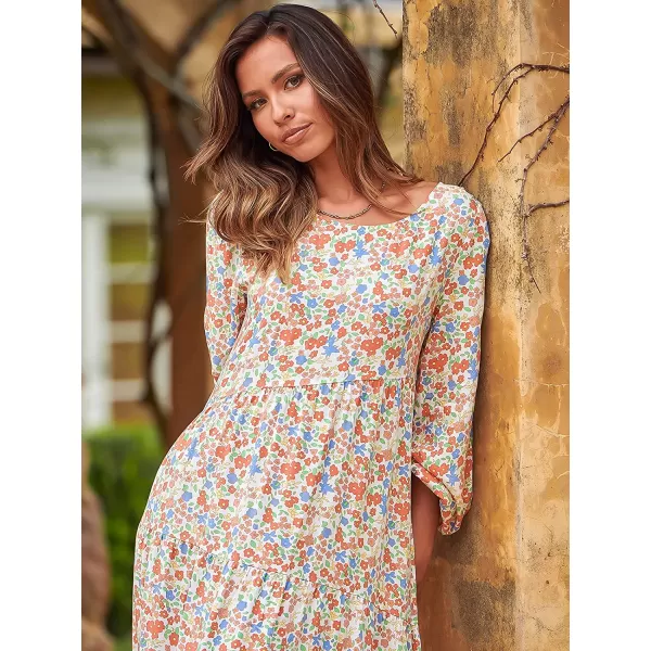 imageANRABESS Womens Boho Casual Loose Puff Long Sleeve Crewneck Asymmetric Tiered Beach Maxi Long DressFloral 01