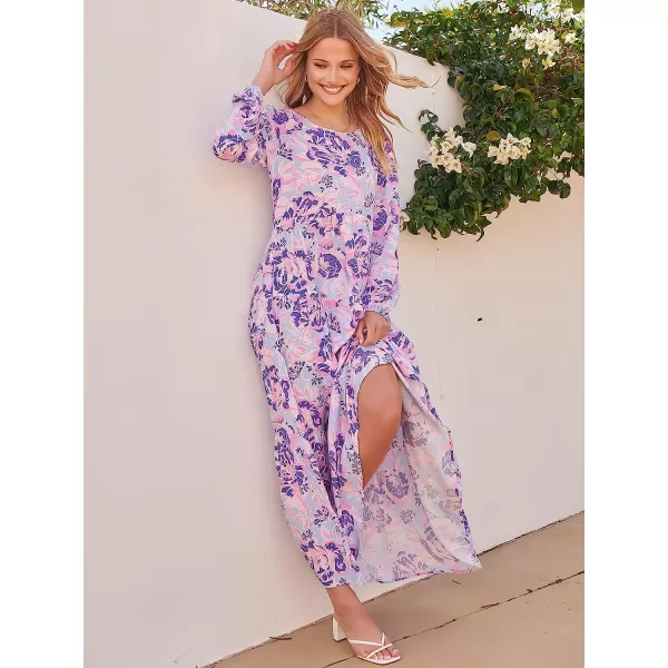 imageANRABESS Womens Boho Casual Loose Puff Long Sleeve Crewneck Asymmetric Tiered Beach Maxi Long DressFloral 02