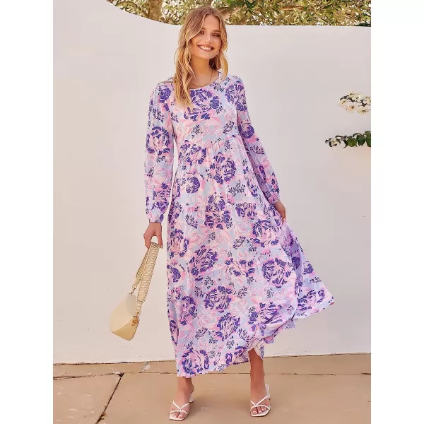 imageANRABESS Womens Boho Casual Loose Puff Long Sleeve Crewneck Asymmetric Tiered Beach Maxi Long DressFloral 02