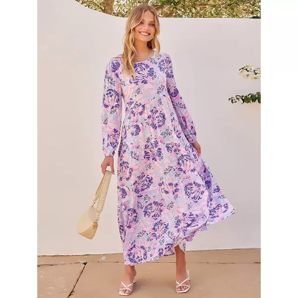 imageANRABESS Womens Boho Casual Loose Puff Long Sleeve Crewneck Asymmetric Tiered Beach Maxi Long DressFloral 02