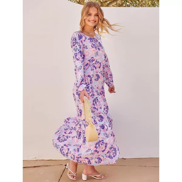 imageANRABESS Womens Boho Casual Loose Puff Long Sleeve Crewneck Asymmetric Tiered Beach Maxi Long DressFloral 02