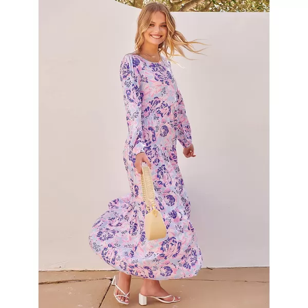 imageANRABESS Womens Boho Casual Loose Puff Long Sleeve Crewneck Asymmetric Tiered Beach Maxi Long DressFloral 02