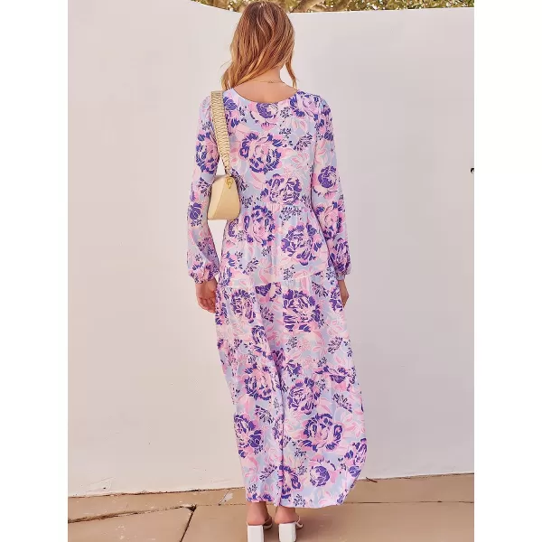 imageANRABESS Womens Boho Casual Loose Puff Long Sleeve Crewneck Asymmetric Tiered Beach Maxi Long DressFloral 02