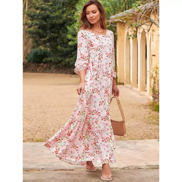 imageANRABESS Womens Boho Casual Loose Puff Long Sleeve Crewneck Asymmetric Tiered Beach Maxi Long DressFloral Blush