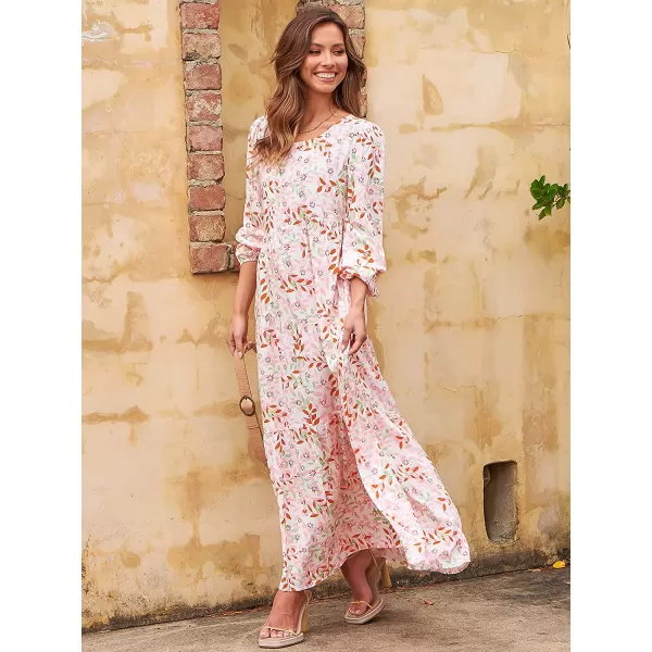 imageANRABESS Womens Boho Casual Loose Puff Long Sleeve Crewneck Asymmetric Tiered Beach Maxi Long DressFloral Blush