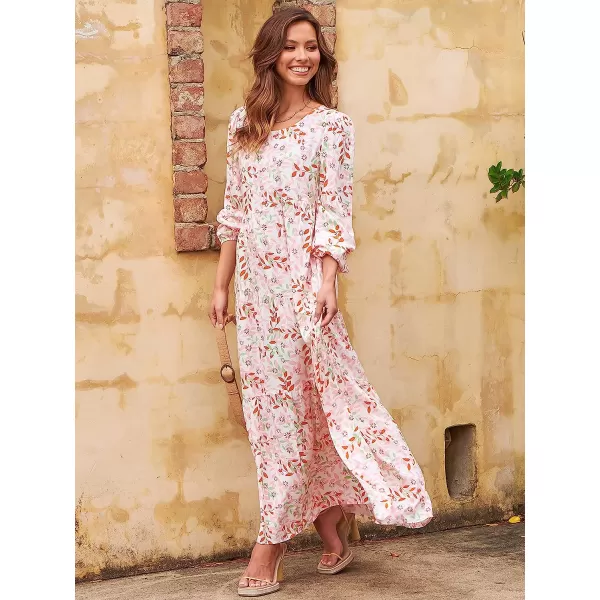 imageANRABESS Womens Boho Casual Loose Puff Long Sleeve Crewneck Asymmetric Tiered Beach Maxi Long DressFloral Blush