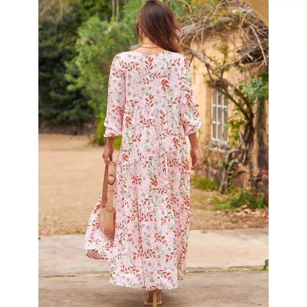 imageANRABESS Womens Boho Casual Loose Puff Long Sleeve Crewneck Asymmetric Tiered Beach Maxi Long DressFloral Blush