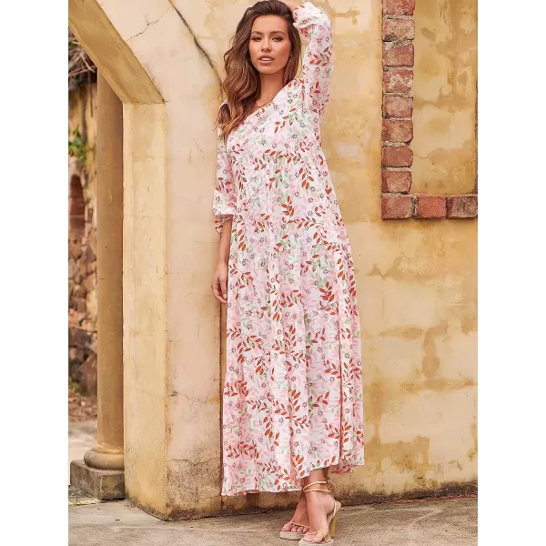 imageANRABESS Womens Boho Casual Loose Puff Long Sleeve Crewneck Asymmetric Tiered Beach Maxi Long DressFloral Blush