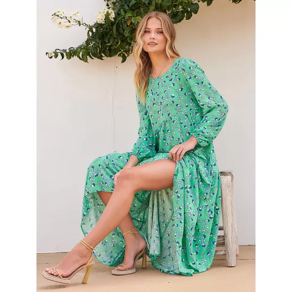 imageANRABESS Womens Boho Casual Loose Puff Long Sleeve Crewneck Asymmetric Tiered Beach Maxi Long DressFloral Green