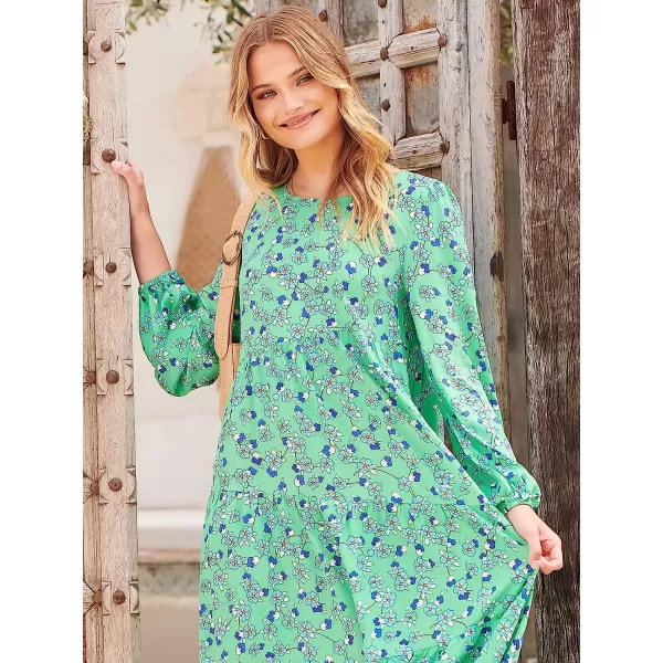 imageANRABESS Womens Boho Casual Loose Puff Long Sleeve Crewneck Asymmetric Tiered Beach Maxi Long DressFloral Green