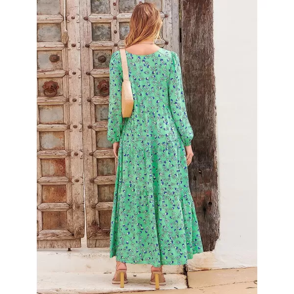 imageANRABESS Womens Boho Casual Loose Puff Long Sleeve Crewneck Asymmetric Tiered Beach Maxi Long DressFloral Green