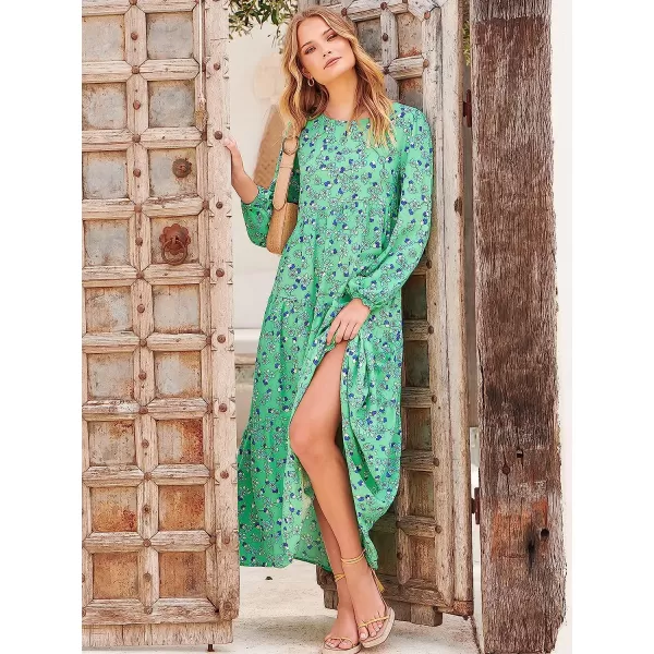 imageANRABESS Womens Boho Casual Loose Puff Long Sleeve Crewneck Asymmetric Tiered Beach Maxi Long DressFloral Green