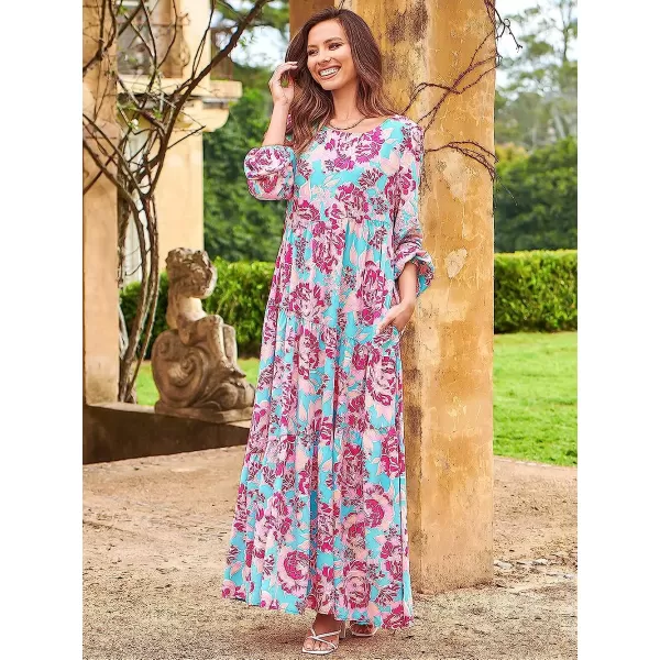 imageANRABESS Womens Boho Casual Loose Puff Long Sleeve Crewneck Asymmetric Tiered Beach Maxi Long DressFloral Purple