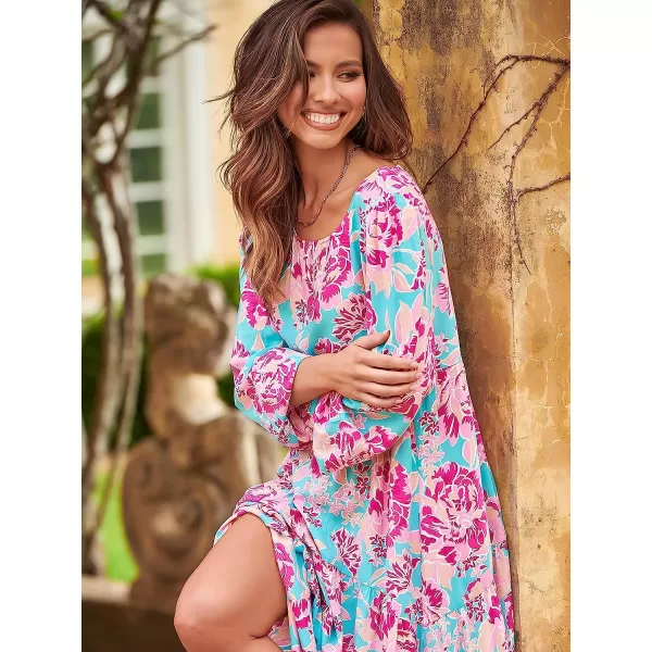 imageANRABESS Womens Boho Casual Loose Puff Long Sleeve Crewneck Asymmetric Tiered Beach Maxi Long DressFloral Purple