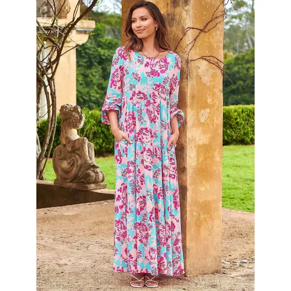 imageANRABESS Womens Boho Casual Loose Puff Long Sleeve Crewneck Asymmetric Tiered Beach Maxi Long DressFloral Purple