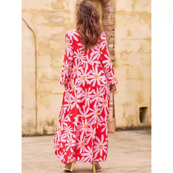 imageANRABESS Womens Boho Casual Loose Puff Long Sleeve Crewneck Asymmetric Tiered Beach Maxi Long DressFloral Red