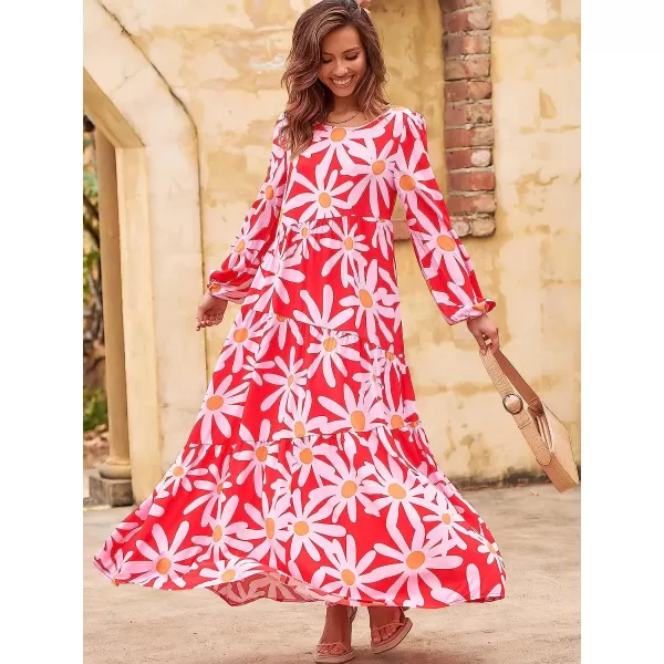 imageANRABESS Womens Boho Casual Loose Puff Long Sleeve Crewneck Asymmetric Tiered Beach Maxi Long DressFloral Red