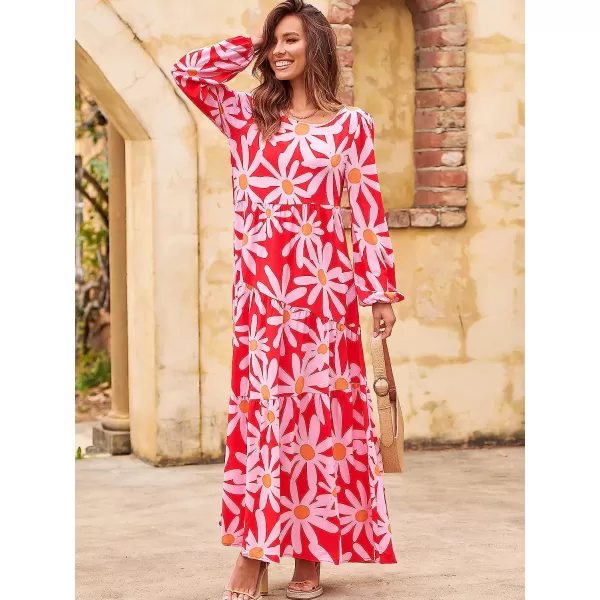 imageANRABESS Womens Boho Casual Loose Puff Long Sleeve Crewneck Asymmetric Tiered Beach Maxi Long DressFloral Red