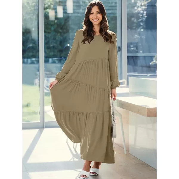 imageANRABESS Womens Boho Casual Loose Puff Long Sleeve Crewneck Asymmetric Tiered Beach Maxi Long DressKhaki