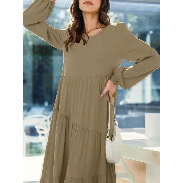 imageANRABESS Womens Boho Casual Loose Puff Long Sleeve Crewneck Asymmetric Tiered Beach Maxi Long DressKhaki