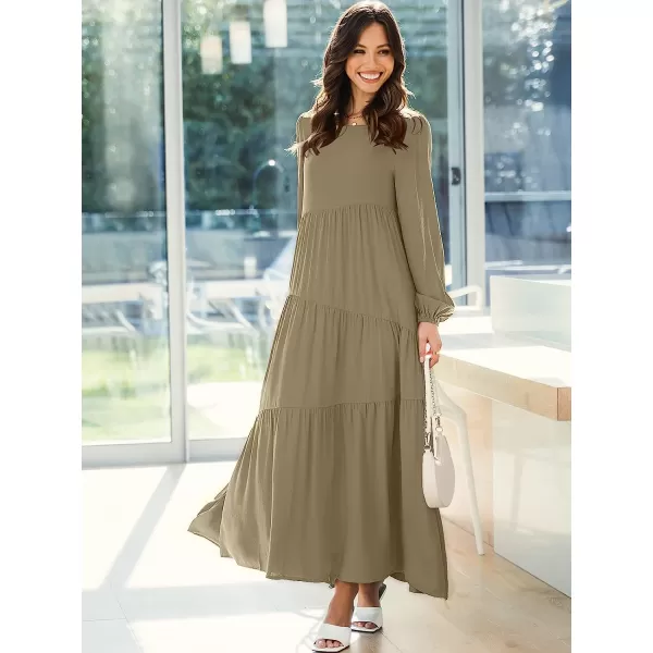 imageANRABESS Womens Boho Casual Loose Puff Long Sleeve Crewneck Asymmetric Tiered Beach Maxi Long DressKhaki