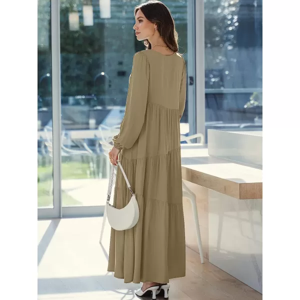 imageANRABESS Womens Boho Casual Loose Puff Long Sleeve Crewneck Asymmetric Tiered Beach Maxi Long DressKhaki