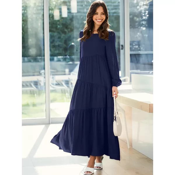 imageANRABESS Womens Boho Casual Loose Puff Long Sleeve Crewneck Asymmetric Tiered Beach Maxi Long DressNavy Blue