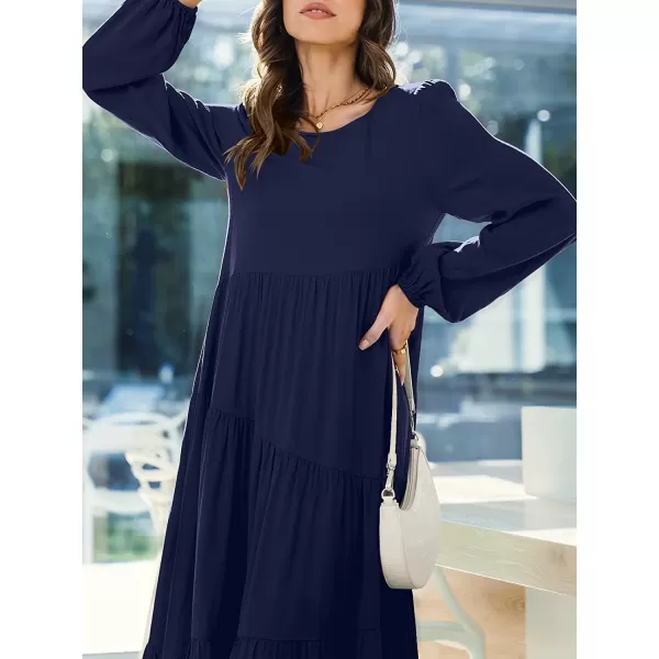 imageANRABESS Womens Boho Casual Loose Puff Long Sleeve Crewneck Asymmetric Tiered Beach Maxi Long DressNavy Blue