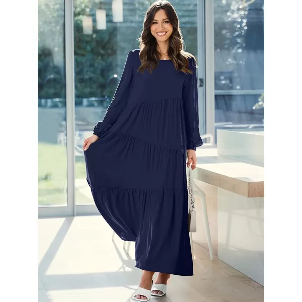 imageANRABESS Womens Boho Casual Loose Puff Long Sleeve Crewneck Asymmetric Tiered Beach Maxi Long DressNavy Blue