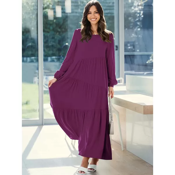 imageANRABESS Womens Boho Casual Loose Puff Long Sleeve Crewneck Asymmetric Tiered Beach Maxi Long DressPurple