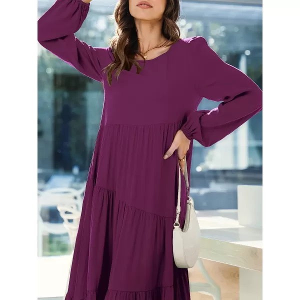 imageANRABESS Womens Boho Casual Loose Puff Long Sleeve Crewneck Asymmetric Tiered Beach Maxi Long DressPurple