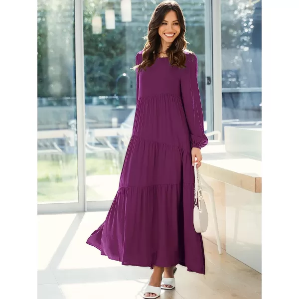 imageANRABESS Womens Boho Casual Loose Puff Long Sleeve Crewneck Asymmetric Tiered Beach Maxi Long DressPurple