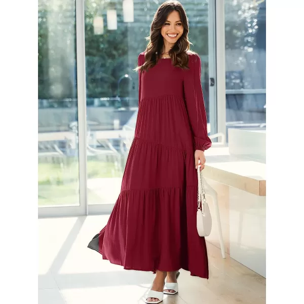 imageANRABESS Womens Boho Casual Loose Puff Long Sleeve Crewneck Asymmetric Tiered Beach Maxi Long DressRed