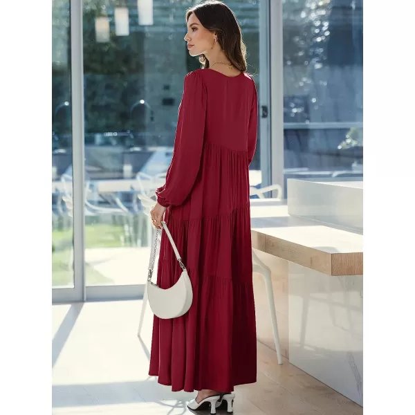 imageANRABESS Womens Boho Casual Loose Puff Long Sleeve Crewneck Asymmetric Tiered Beach Maxi Long DressRed