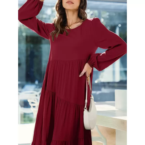 imageANRABESS Womens Boho Casual Loose Puff Long Sleeve Crewneck Asymmetric Tiered Beach Maxi Long DressRed