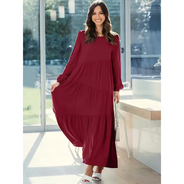 imageANRABESS Womens Boho Casual Loose Puff Long Sleeve Crewneck Asymmetric Tiered Beach Maxi Long DressRed