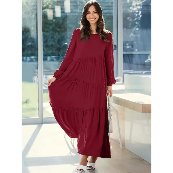 imageANRABESS Womens Boho Casual Loose Puff Long Sleeve Crewneck Asymmetric Tiered Beach Maxi Long DressRed