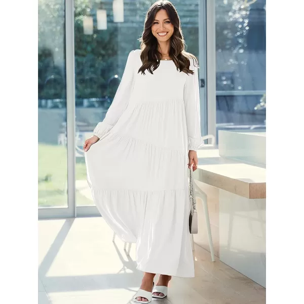 imageANRABESS Womens Boho Casual Loose Puff Long Sleeve Crewneck Asymmetric Tiered Beach Maxi Long DressWhite
