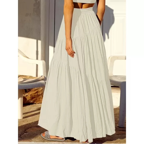 imageANRABESS Womens Boho Elastic High Waist Pleated ALine Flowy Swing Asymmetric Tiered Maxi Long Skirt Dress with PocketsApricort