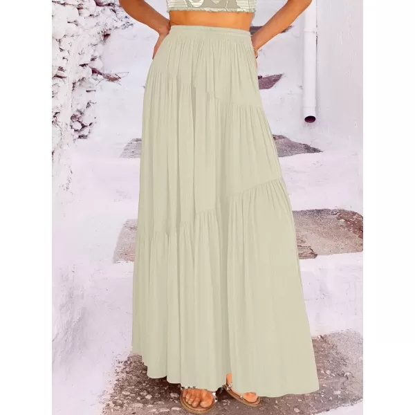 imageANRABESS Womens Boho Elastic High Waist Pleated ALine Flowy Swing Asymmetric Tiered Maxi Long Skirt Dress with PocketsApricort