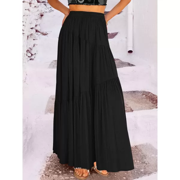 imageANRABESS Womens Boho Elastic High Waist Pleated ALine Flowy Swing Asymmetric Tiered Maxi Long Skirt Dress with PocketsBlack